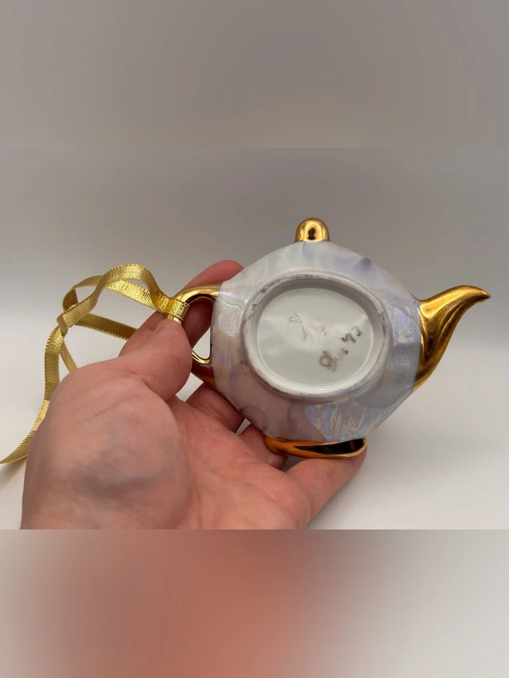 Vintage Lusterware Teabag Rest Ornament Iridescent and Gold Teapot Hanging Decor